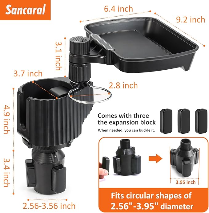 Car Large Cup Holder Expander, 4-in-1 Cupholder Extender with Swivel and Detachable Snack Food Tray Table for Eating, Travel Essentials for Road Trips for Driver. Model A