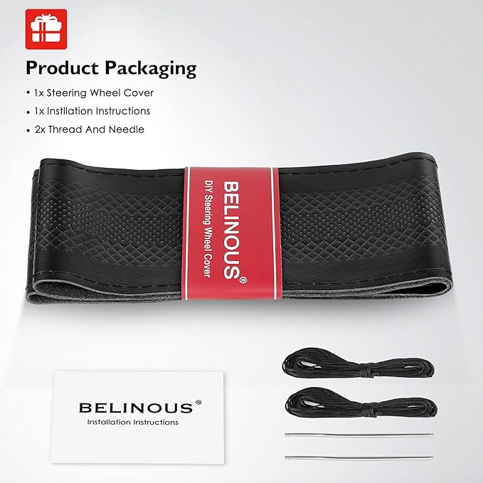 BELINOUS Leather Steering Wheel Cover Lace Up, Embossed Steering Wheel Wrap Fit for 13 3/4-16 Inch Car, Stitch on Wrap DIY w/Needle Thread (Size M2, Black)