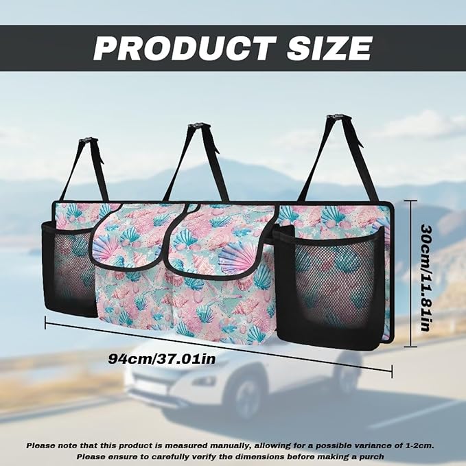 CLOHOMIN Blue Pink Shell Starfish Car Trunk Organizer Back Seat Hanging Trunk Compartment Organizer Collapsible Cargo Bag with 4 Pockets