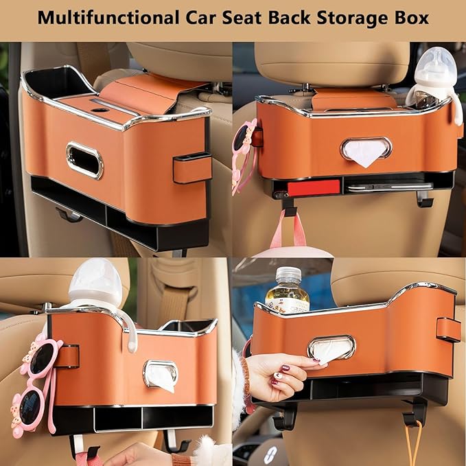Multifunctional Car Seat Back Storage Box, Car Seat Tissue Box and Storage Box, Universal Car Tissue Organizer Back Seat with 2 Drink Cup Holder (White)