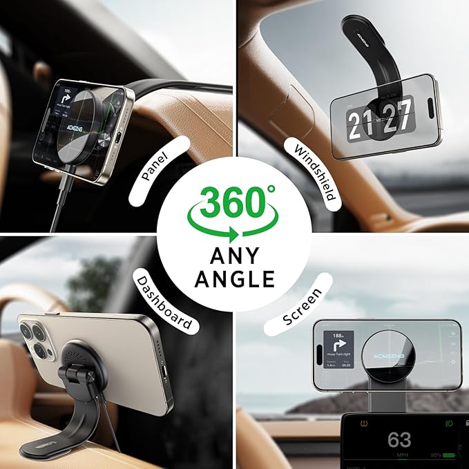 ACMEZING Only for iPhone 15W MagSafe Car Mount Charger, 360% Adjustable Aluminum Alloy Arm, Relocatable Car Phone Holder, Magnetic Wireless Fast Charging, Cell Phone Holder for All Car Models, Black
