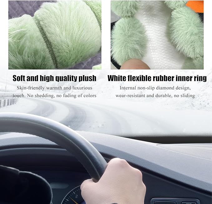 Fluffy Car Steering Wheel Cover, 14.5-15 Inches Anti-Slip Plush Fuzzy Steering Wheel Protector, Soft Warm Steering Wheel Cover Interior Decor for Women Girl, Car Accessories (Green)