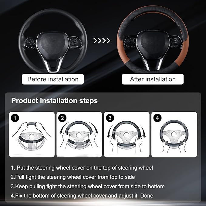 Auto Car Genuine Leather Steering Wheel Cover Anti Slip Wrap 15" (Brown)