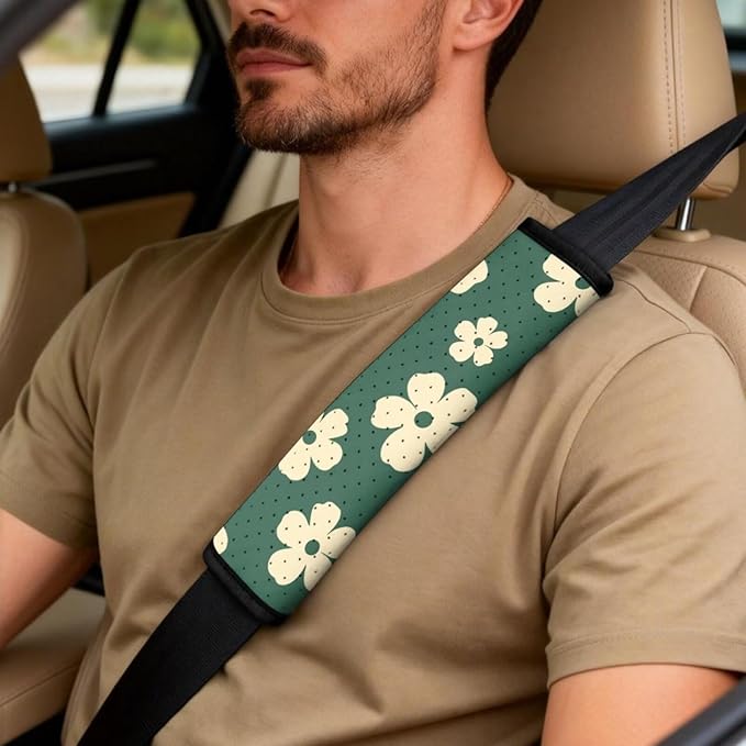 FUSURIRE 5Pcs Car Accessories Set Green Daisy Print PU Front Seat Covers, Seat Belt Covers & Center Armrest Pad Universal FIT for Car, SUVs,Van,Small Trucks