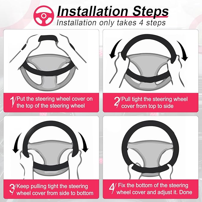 Alpmosn Elastic Stretch Steering Wheel Cover, Universal Interior Accessories Steering Wheel Cover for Women & Men, Breathable Microfiber Ice Silk, Anti-Slip, Odorless, Easy Carry(Rose Red)