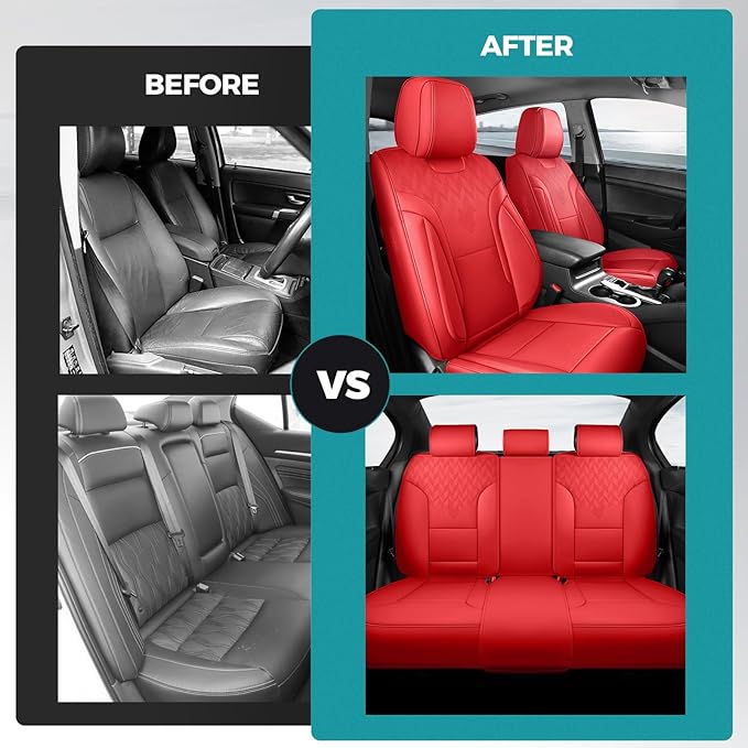 FEINEPRO Red Car Seat Covers Full Set - Breathable Faux Leather Universal 5 Seat Covers for Cars, Automotive Protector Fit for Most Sedan SUV Pick-up Truck