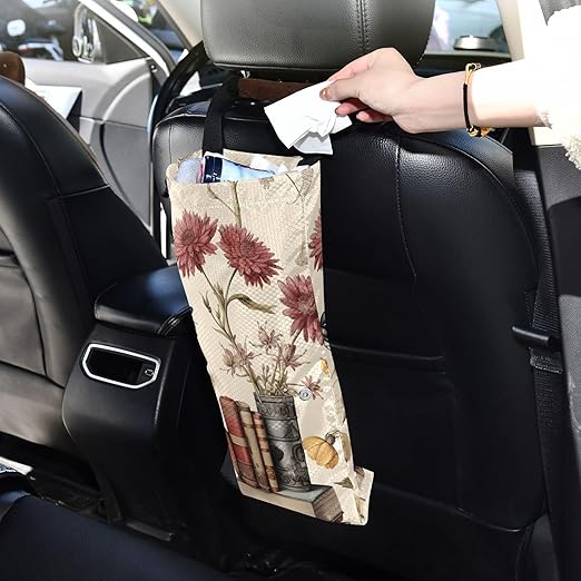 ALAZA Hanging Car Trash Bags Garbage Bag Trash Can for Back Seat Small Flower Book Washable Storage Bag Retractable 2 Pack