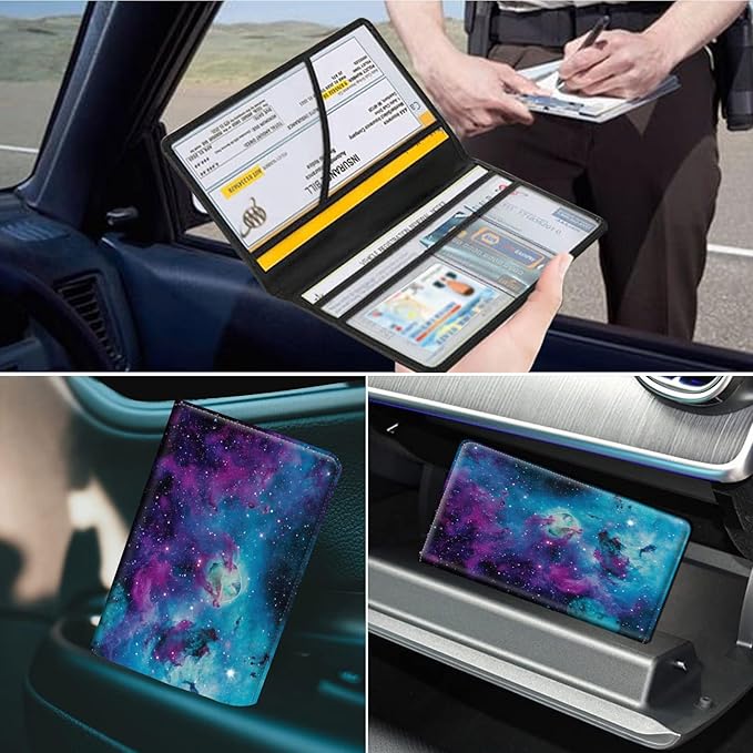 Mxfdegf Car Registration and Insurance Holder, Leather Car Glove Box Organizer, Cool Car Accessories for ID, Driver's License Cards & Essential Document, business cards, Men&Women,Shining Starry Sky