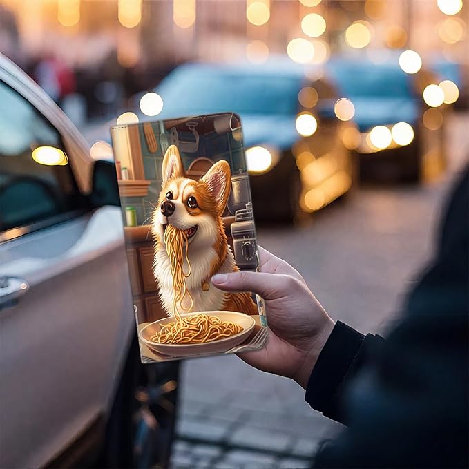 Car Registration and Insurance Card Holder for Women Men, Waterproof PU Leather Glove Box Car Organizer with Magnetic Shut, Vehicle Document Holder for Driver License,Cards, Corgi Dog Eating Ramen