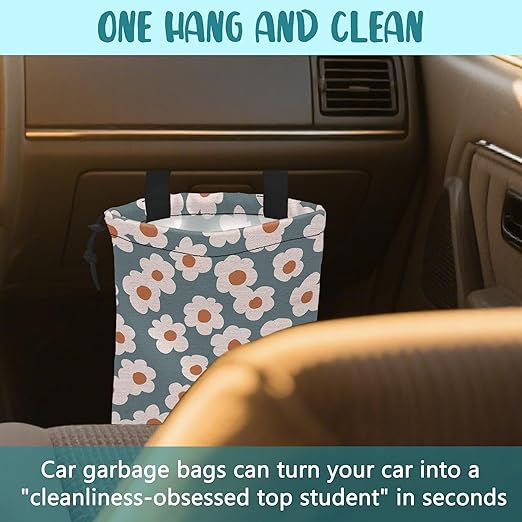 KXWQTRDD Car Garbage Bag Vintage Blue Floral Daisy Hanging Canvas Car Trash Bag Waterproof Drawstring Car Back Seat Organizer for Car Back Front Seat Console with Adjustable Buckle