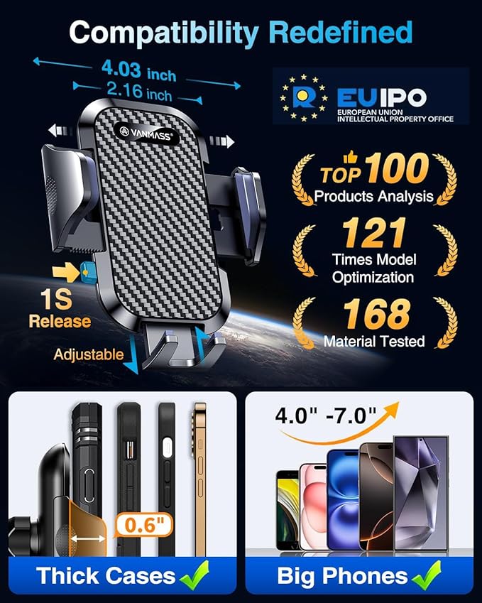 VANMASS 2026 Phone Holders for Your Car Ultimate Military-Grade Car Phone Holder Mount【Patent & Safety Certs】Upgraded Shockproof Truck Air Vent Phone Mount for iPhone 17 Pro Max 16 15 Samsung Android