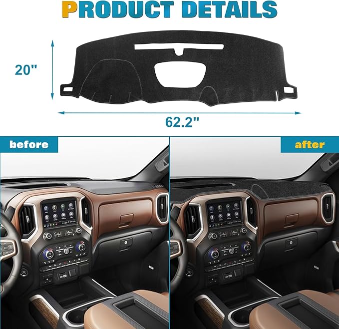 x xotic tech Center Console Dashboard Mat Compatible with Chevrolet Silverado 1500 2500HD 3500HD or GMC Sierra 2019-2024 Pre-Cut Non-Slip Sunshield Sun Glare Protector Dash Carpet Pad Black Cover