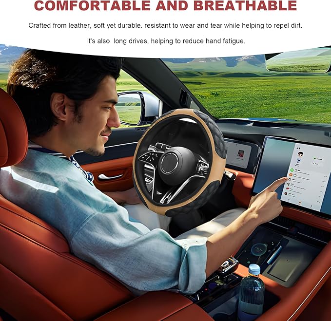 Car Steering Wheel Cover, 15 Inch Elastic Comfortable Auto Steering Wheel Protector, Anti-Slip Leather Wheel Cover Fashionable Interior Accessories for Most Cars Trucks SUVs (Beige)
