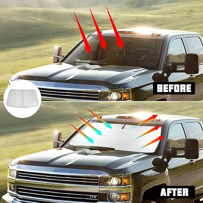 ROCCS Foldable Windshield Sunshade fit for 2019 2020 2021 2022 2023 2024 2025 GMC Sierra 1500 2500 3500 SLT AT4 Denali,Front Window Sun Shade Shield Cover UV Ray Reflector Sun Visor
