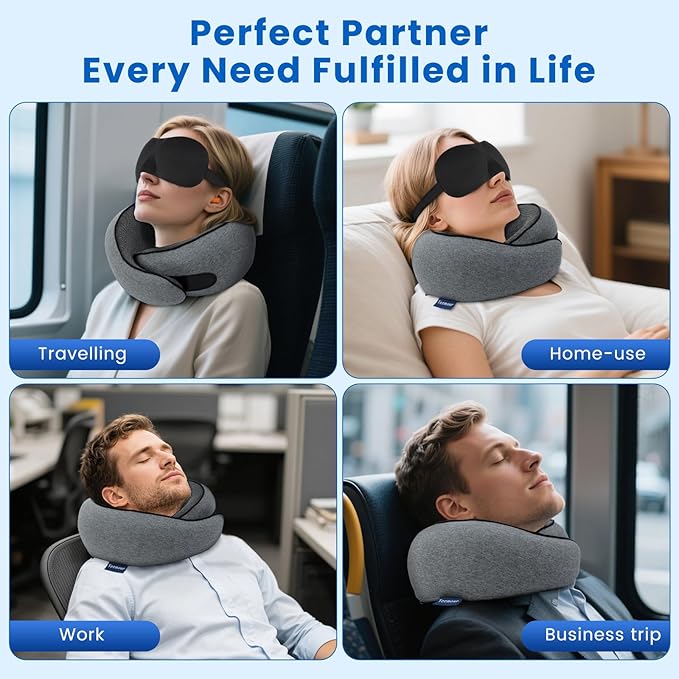 Teemour Travel Neck Pillow Airplane 360° Support Memory Foam Travel Pillows for Airplanes with Eye Mask & Ear Plugs, Portable Carry Bag for Travel & Office, Essentials for Home, Business Trip, Large