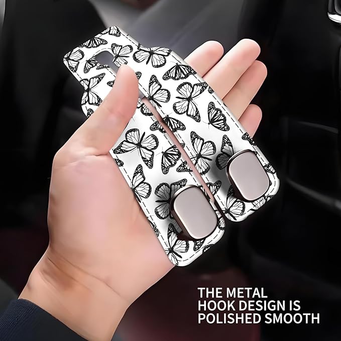NUGGHU Car Seat Headrest Hook, Universal Leather Cute Hanger Holder Hook, Storage Organizer Interior Accessories for Purse Bags Handbag Black White Cute Butterfly