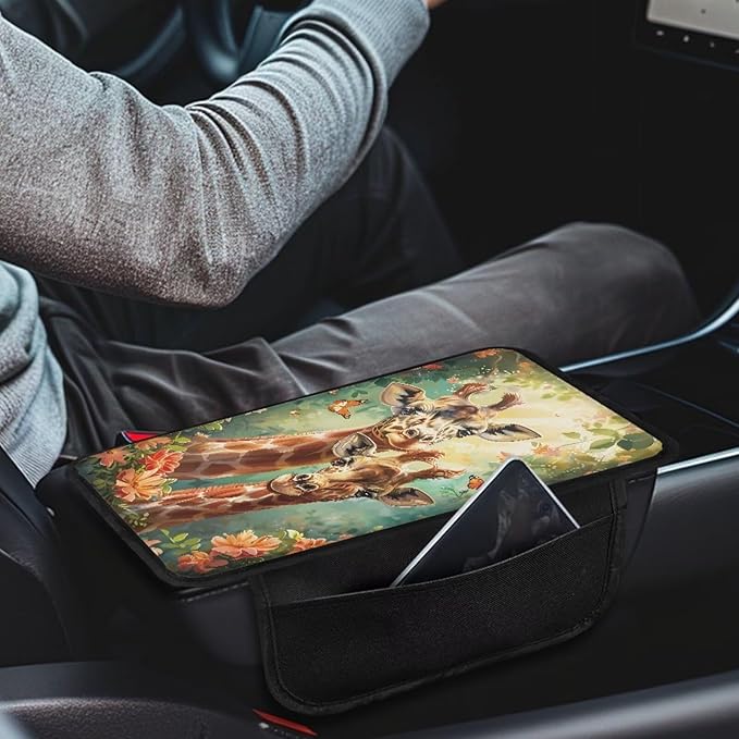 BIGCARJOB Personalized Armrest Cover for Car Center Console,Animal Giraffe Print Car Center Console Cover Automotive Car Armrest Cover Cushion with Side Pockets,Universal for Most Cars