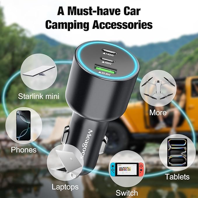 140W USB C Car Charger, Super Fast Charging for iPhone 17 Pro Max/16/MacBook Pro/Air/Samsung S25, Drone, Laptop, Starlink Mini, PD3.1&PPS 45W Type C Cigarette Lighter Adapter with a 100W E-Mark Cord