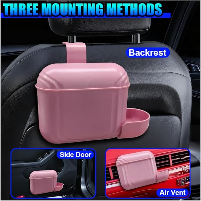 Car Trash Can with Lid, Hanging Leakproof Vehicle Garbage Bin, Auto Back Seat Organizer Dustbin with 2 Rolls of Trash Bags, Versatile Storage Accessory for Car Air Vent, Dashboard (Pink)