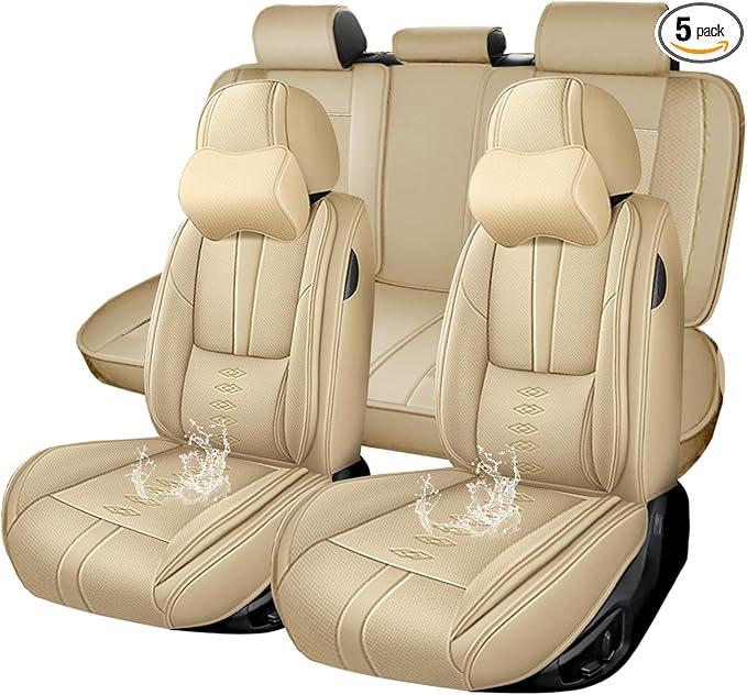 Premium Universal Car Seat Cover, Comfortable Leather Seat Cover for 96% of Models, Waterproof Car Seats Protectors Cushions for 5 Seats(Beige,Pillows)