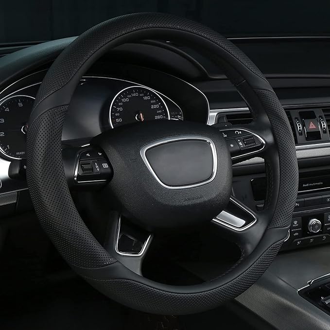 ALEMODR Black Leather Steering Wheel Cover Universal 15 inch