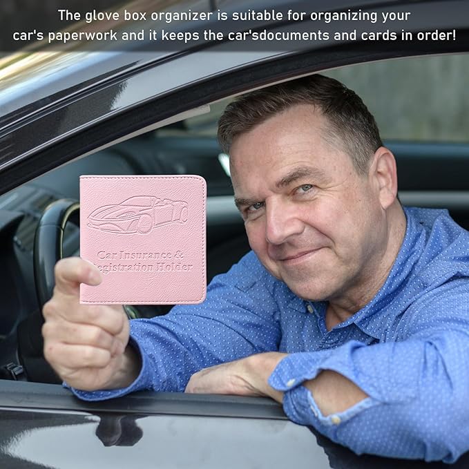 Ziciner Car Registration and Insurance Holder, Auto Card Document Glove Box Organizer with Magnetic Closure, Universal Vehicle Interior Accessories for Cars SUVs (Pink-Small)
