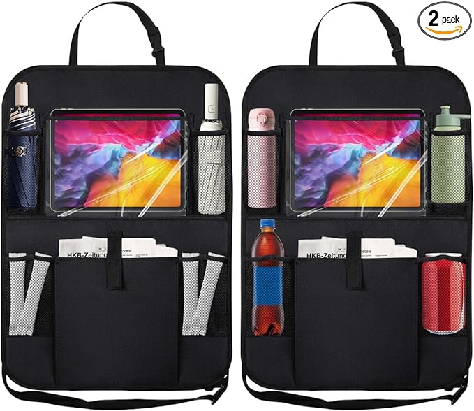 2PCS Car Backseat Organizer with Clear 10" Tablet Holder + 5 Storage Pockets - Seat Back Protector Kick Mats for Kids - Car Back Seat Storage Organizer - Road Trip Essentials Travel Accessories