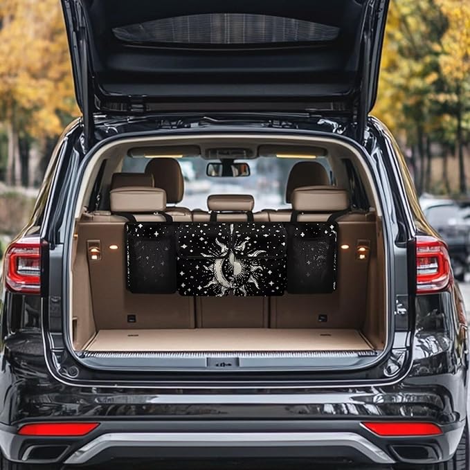 Sun and Moon Car Trunk Organizer, Auto Backseat Hanging Organizer,Equipped with Robust Elastic Net, Car Trunk Tidy Storage Bag with Lids,Space Saving Expert