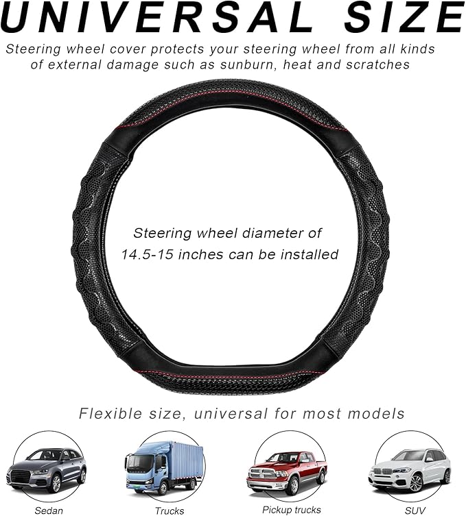 Car Steering Wheel Cover, 15 Inches Leather Comfy Grip Steering Wheel Protector with 3D Honeycomb, Anti-Slip D-Shaped Wheel Wrap Cover for Most Vehicles, Car Accessories (Black)