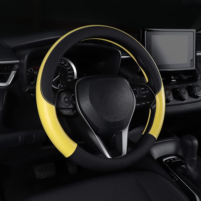 Auto Car Genuine Leather Steering Wheel Cover Anti Slip Wrap 15" (Yellow)