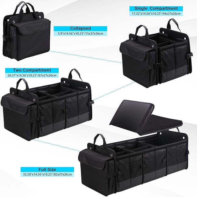 MOJIOO Large Trunk Organizer for Car, SUV, Truck with Removable Cooler Bag-Collapsible Multi Compartments w/Foldable Cover, Non Slip Bottom Cargo Storage (Black)
