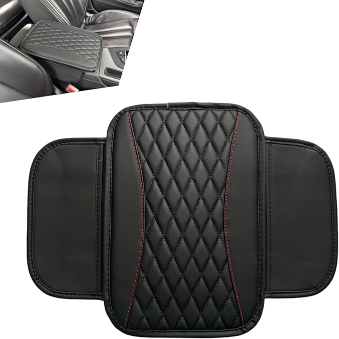 Car Center Console Cover, Patchwork Leather Armrest Cover Cushion with 2 Storage Bag, Waterproof Comfortable Auto Arm Rest Pad, Universal Center Console Protector for Sedan, SUV (Black)