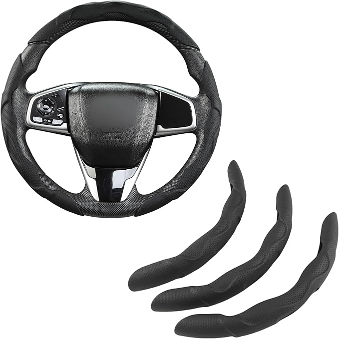 West Llama 3PCS Leather Car Steering Wheel Cover,Snap On Steering Wheel Protector Universal 99% Cars(3PCS-Black)