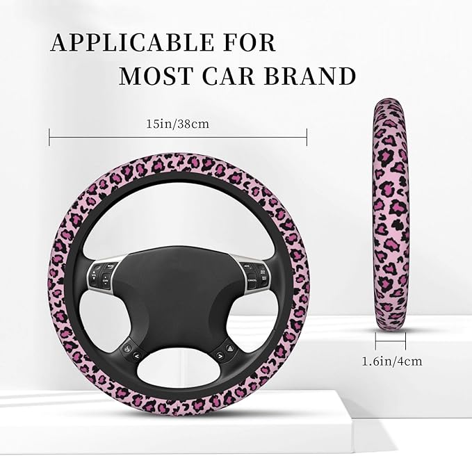 Pink Leopard Print Elastic Steering Wheel Cover, Non-Slip Breathable Neoprene Steering Wheel Covers, Women Pink Car Accessories, Universal 15 Inch Fit Auto, Suvs, Truck
