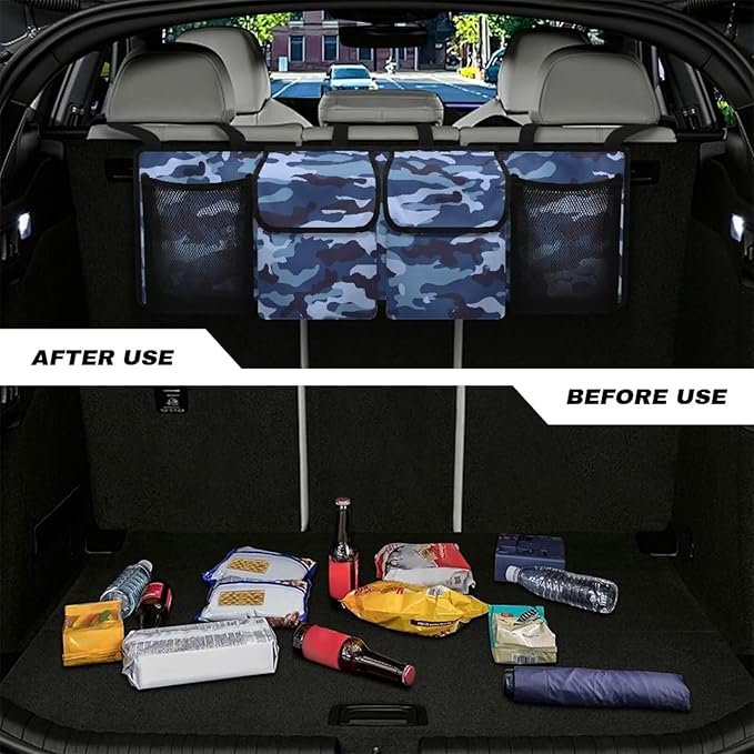 Camo Car Trunk Organizer, Super Capacity Backseat Trunk Organizer with 4 Pockets, Backseat Hanging Car Storage Organizer Foldable Cargo Storage with Adjustable Straps for SUV, Truck, MPV