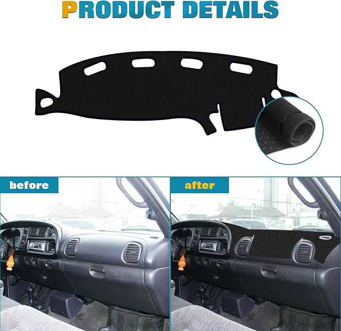 x xotic tech Center Console Dashboard Mat Pre-Cut Non-Slip Sunshield Sun Glare Protector Dash Carpet Pad Black Cover Compatible with Dodge Ram 1500 2500 3500 1998-2001