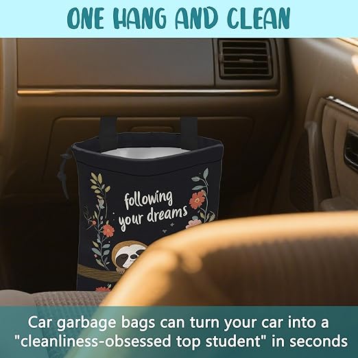 KXWQTRDD Car Garbage Bag Cute Brown Sloth and Floral Hanging Canvas Car Trash Bag Drawstring Car Back Seat Organizer for Car Back Front Seat Console with Adjustable Buckle