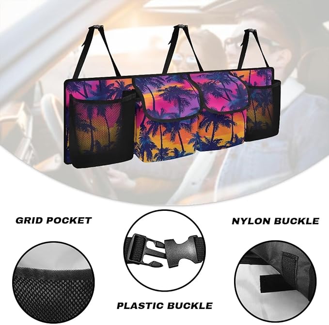 Summer Sunset Car Trunk Organizer Coconut Palm Trunk Hanging Storage Bag with Extra Storage Space for SUVs,Trucks,Vans