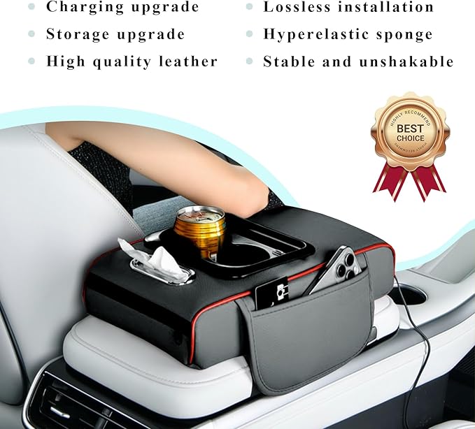 Car arm Rest Cover Pad (Upgraded Type-C), 5-in-1 Center Console Cover with Cup Holder, Tissue Box Slot, Mobile Phone Storage Slot, Suitable for Most Car Console, 13.8''x7.1''x3.0'' (Black-Red)