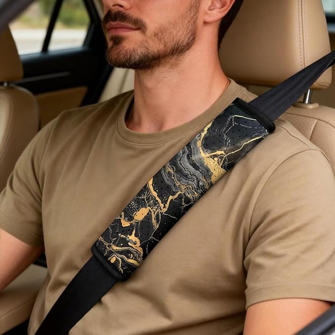 Psesaysky Black Gold Marble 2 Front Seat Covers, 1 Center Console Armrest Cover, 2 Seat Belt Pads, All-in-One Automotive Accessories Set
