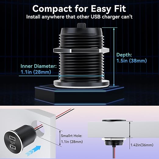 2PCS RV USB Outlet 72W Aluminum Alloy 12V/24V 3 Charging Ports, GIBBAB 36W PD3.0 Type-C+2 18W QC3.0 Fast Charging Socket, Waterproof Cover Recessed Mount Car Charger Cigarette Lighter Replacement for