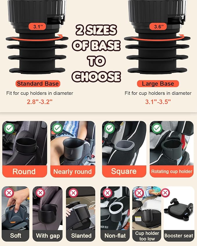 SEVEN SPARTA Car Seat Tray for Kids Toddler Travel with Soft Rubber Base, Rotatable and Removable Cup Holder Snack Tray for Food Color and Play for Family Road Trip Essentials (1, Large Base)