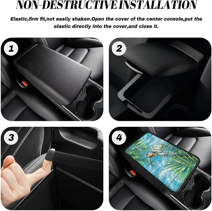 Dreaweet Tropical Leaf Print Car Armrest Cover Sea Turtle Car Accessories Center Console Cover with Pockets,Soft Arm Rest Cover for Car SUV Truck Sedan Van