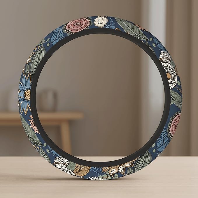 Cute Steering Wheel Cover for Women, Machine Washable Universal 14.5-15.5 inch Non-Slip Grip All Weather Use (Retro Floral Blue)