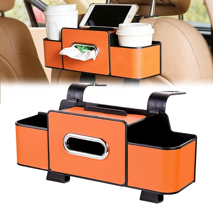 NOSBING Car Organizer And Storage Box, Back Seat Car Organizer, 5 in 1 Multifunctional Car Back Seat Storage Box with Drink Cup Holder Tissue Box, for Hold Phone,Snacks, Drinks, Handbag (Orange-A)