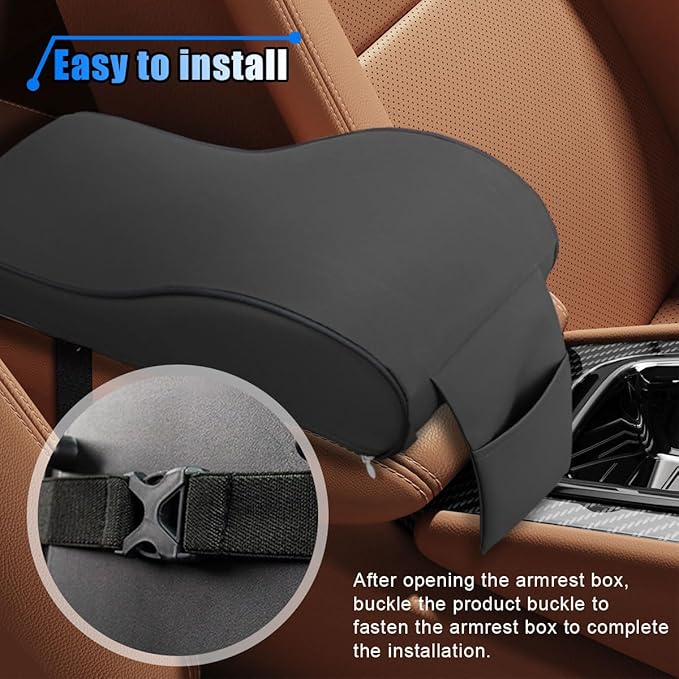 Car Armrest Cushion, Memory Foam Car Center Console Pillow Cushion with Phone Holder Storage Bag, Leather Arm Rest Pillow Cover, Universal Car Armrest Pad Accessories (Black)