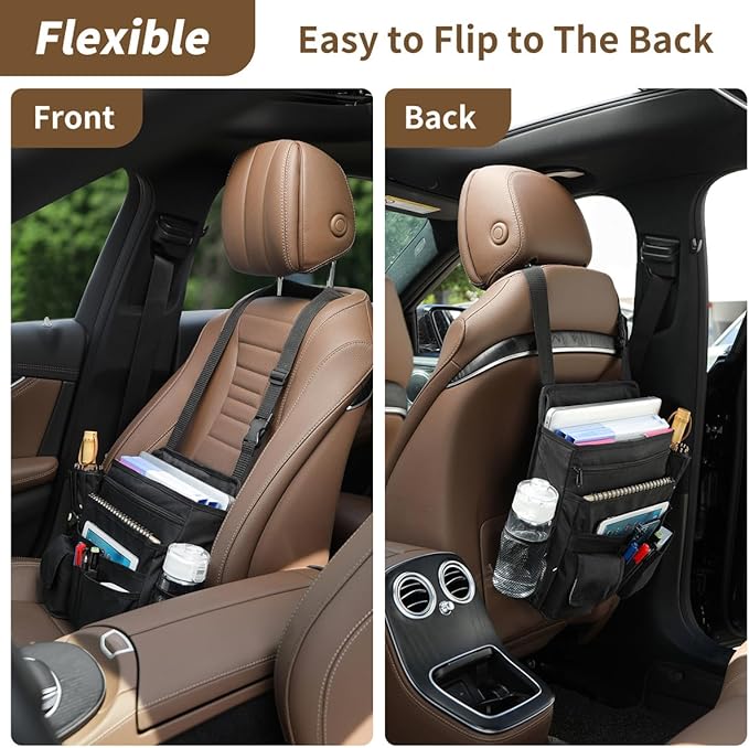 FORCTIBULL Car Front Seat Organizer for Paperwork File Laptop Mobile Office, Multi Compartment Storage Bag with Cup holder and Adjustable Strap for Car Work Truck Van