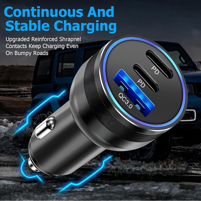 USB C Car Charger, Fast Charging 3 Port Dual PD & USB A Vehicle Power Adapter, PD3.0 QC3.0 Automotive Cigarette Lighter Charger Cable Accessories, Universal for SUV, Sedan, Truck