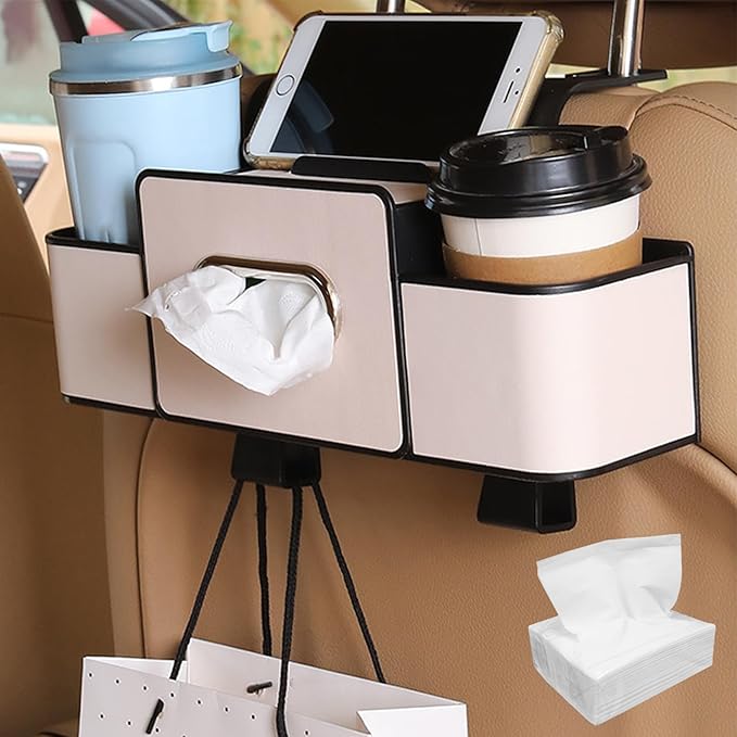 3-in-1 Car Backseat Organizer for SUV & Sedan - Multi-Functional Storage with Cup Holder, Tissue Box & Trash Bag | Includes 1 Pack of 100 Tissues | Holds Phone, Snacks, Drinks (White)