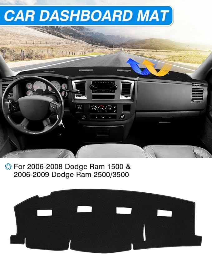 CARTIST Dash Cover Fit for 2006-2009 Dodge Ram 2500 3500/2006-2008 Dodge Ram 1500 Accessories Dashboard Cover Mat Non-Slip Carpet Sunshield Glare UV Rays Protector (Without Cutout for Dash Speakers)